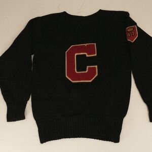 1947 Wool Varsity Sweater 40s Football Black With Dark Red Chenille C  42" Chest